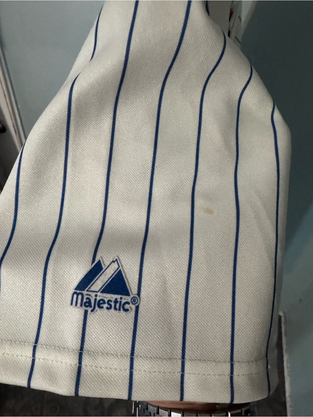 Majestic Mets White Pinstripe Baseball Jersey with Blue and Orange Script - Picture 6 of 8